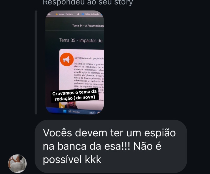Mensagem de aluno sobre sua aprovação
