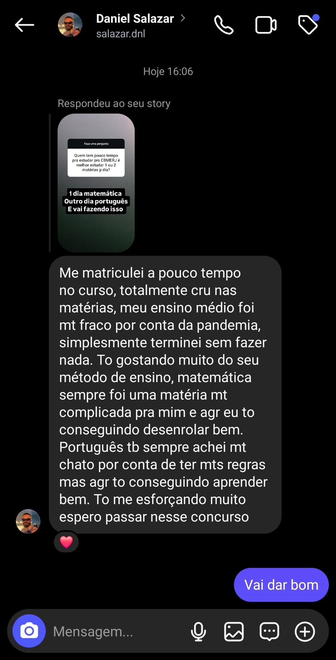 Mensagem real recebida de aluno aprovado